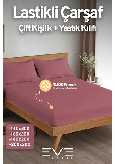 Eve Tekstil Pamuklu Çift Kişilik Rainforce Kumaş Lastikli Çarşaf Ve Yastık Kılıfı Set Gül Kurusu