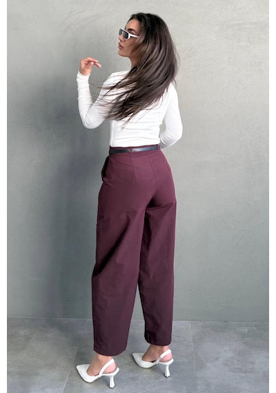 Madmext Mürdüm Yüksek Bel Pileli Kemerli Geniş Paça Kadın Pantolon Mg2615 Mürdüm