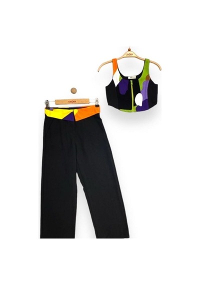 Çikoby Kız Çocuk Bluz Pantolon Desenli Takım-13764 Siyah