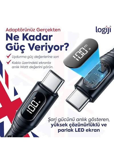 Ayrex 100w Type-c To Type-c Dijital Led Ekranlı Göstergeli Hızlı Şarj Kablosu E-mark Çipli, Dayanıklı Örgülü, Genel