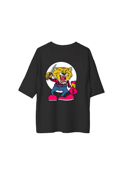Paybuy Kadın Oversize Grafik Tişört Cesur Kaplan Karikatür Baskı Dijital Siyah