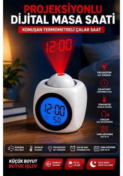 Duvara Yansıtan Projeksiyonlu Dijital Çalar Saat Konuşan Termometreli Led Alarm Masa Saati Beyaz
