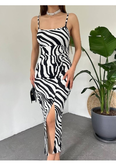 Hazego Kadın Zebra Baskılı Omuz Askılı Sırt Dekolteli Yırtmaç Detay Elbise Beyaz