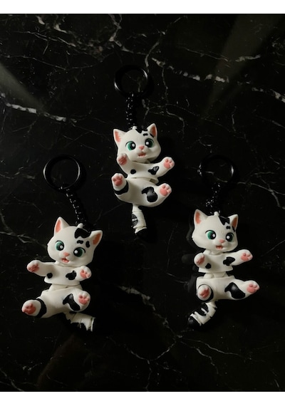 3'lü Hareketli Eklemli Kedi Anahtarlık Sevimli Benekli Kedi Figürü Çanta Aksesuarı Stres Oyuncağı 3d Beyaz