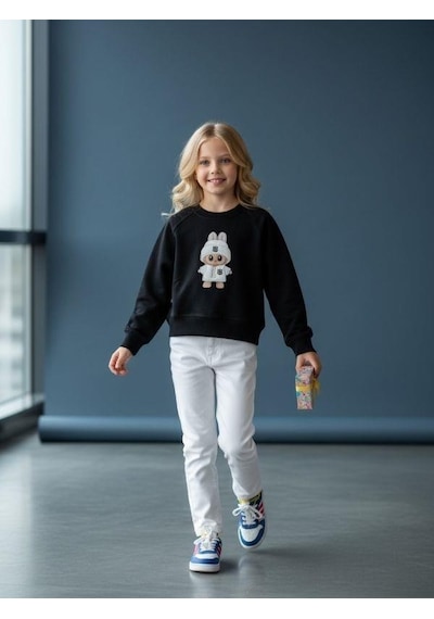 Kız Çocuk Pamuklu Karakter Baskılı Oversize Tasarım Sweatshirt-16454 Siyah