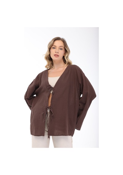 Blayn Jeans Blayn Kadın Keten Kimono Oversize Rahat Kalıp Yazlık Uzun Kollu Kimono Kahverengi