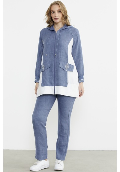 Sementa Keten Görünümlü Kapüşonlu Tunik Takım - Indigo Indigo