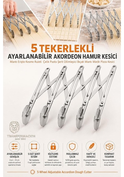 5 Tekerlekli Ayarlanabilir Akordeon Hamur Kesici Mantı Erişte Kesme Ruleti Profesyonel Paslanmaz Çelik Pasta Şerit Dilimleyici Bıçak Mantı Matik Pizza Kesici 723414