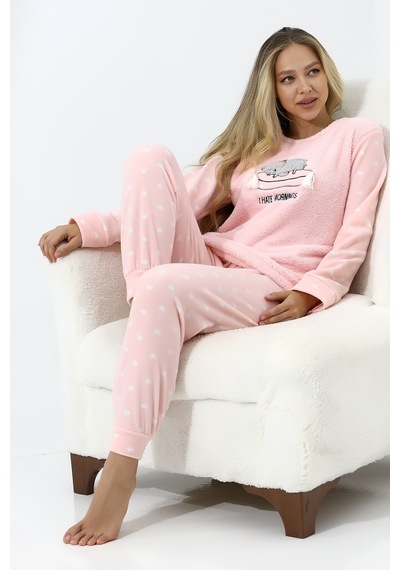 Wordex Fawn 5006 Peluş Welsoft Polar Kışlık Yumoş Kadın Pijama Takımı Uyuyan Kedili Pembe