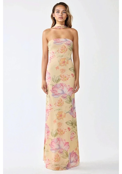 Hiccup Straplez Çiçek Desenli Tül Kuşaklı Bodycon Maxi Elbise Çok renkli