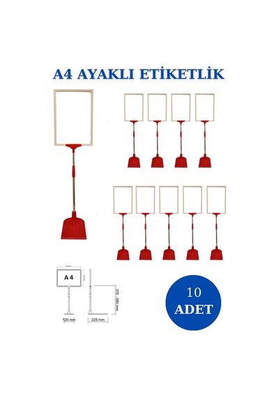 10 Adet K-B A4 Ayaklı Etiketlik Sepet Etiketi Çerçeveli Etiketlik Kırmızı Beyaz