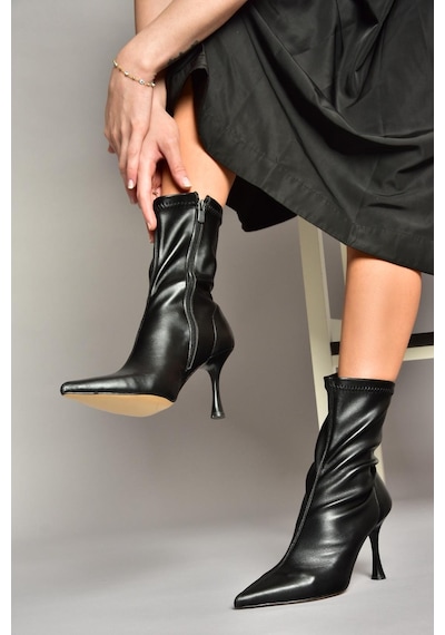 Fox Shoes T752582409 Siyah Streç Deri İnce Topuklu Kadın Bot Siyah-Suni Deri Siyah