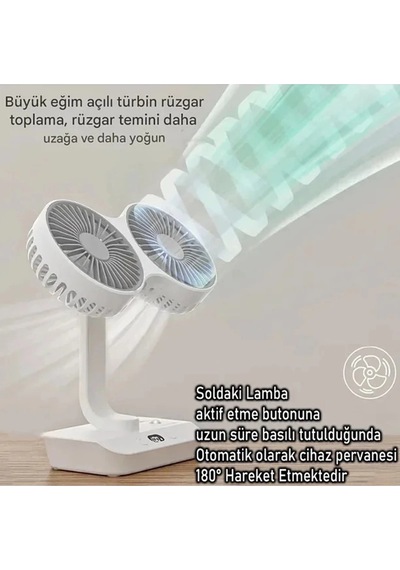 Buğz Masaüstü Dijital Ekranlı Çift Fanlı Led Işıklı Soğutucu Fan Ev Ofis Şarjlı Vantilatör