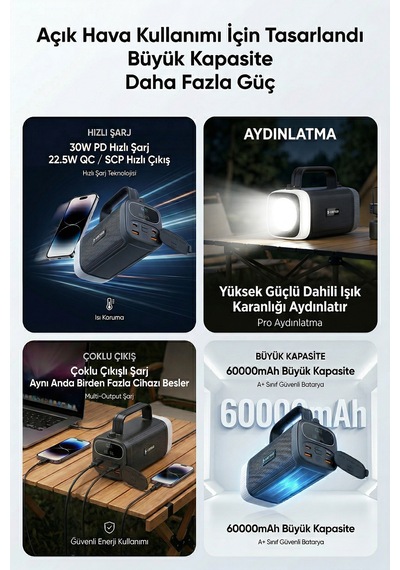 60.000 Mah Hızlı Kamp Outdoor 30w 22.5w Qc Dijital Göstergeli Led Fenerli Taşınabilir Şarj Cihazı