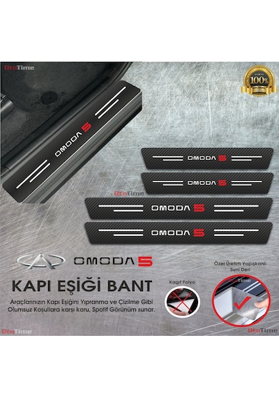 Chery Omoda 5 Logolu Karbon Kapı Eşiği Koruyucu Suni Deri 4'lü Set