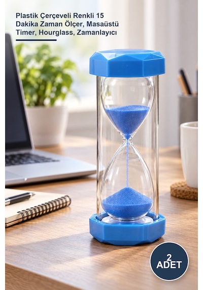2 Adet Kum Saati Plastik Çerçeveli Renkli 15 Dakika Zaman Ölçer, Masaüstü Timer, Hourglass, Zamanlayıcı