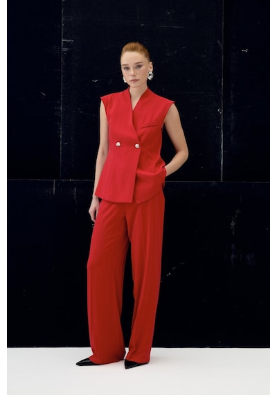 Sateen Anna Çizgili Pantolon - Kırmızı-137093 Kırmızı