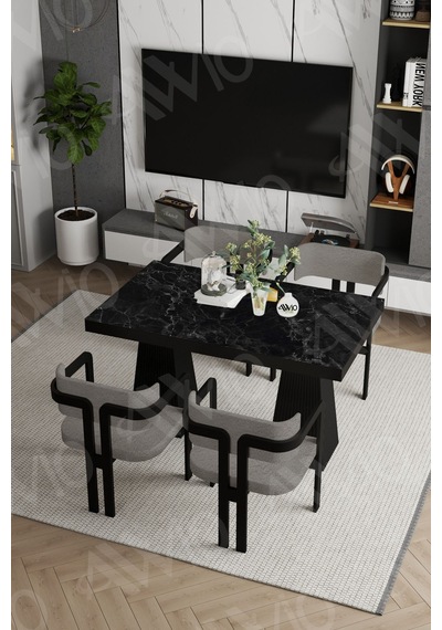 Avvio Pesca Lake Mdf Ayak Tokyo Demonte Sandalye 80x120 Yemek Masası Mutfak Masası 4 Kişilik Siyah Mermer