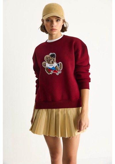 Shade Kadın Teddy Nakış İşlemeli Bisiklet Yaka Salaş Sweatshirt 6864 60283522 - Bordo