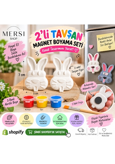2 Li Tavşan Magnet Boyama Seti Taş Tozu Kendin Boya 3 Renk Ve Fırçalı Hobi Seti 7x5 Cm