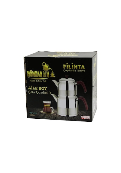 Lunaev Filinta Aile Boy Çelik Çaydanlık Seti Çift Kapaklı Renkli Bakalit Kulp Üst Demlik: 1.5 L - Al
