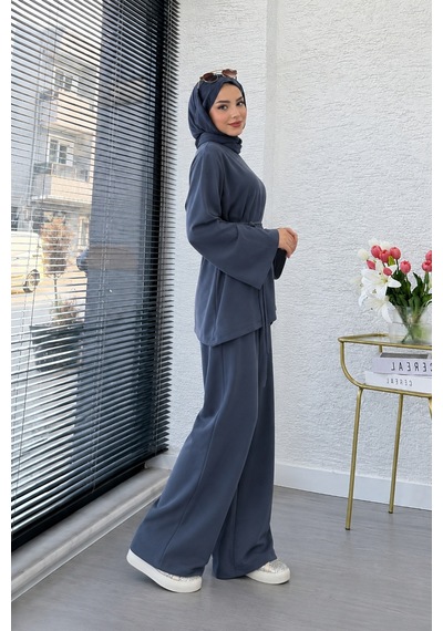 Asimetrik Tunik Pantolonlu Tesettür İkili Takım Krem