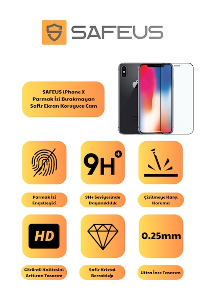 Safeus Tam Kaplayan Parmak İzi Bırakmayan Safir Ekran Koruyucu Cam , Apple Uyumlu iPhone X İle