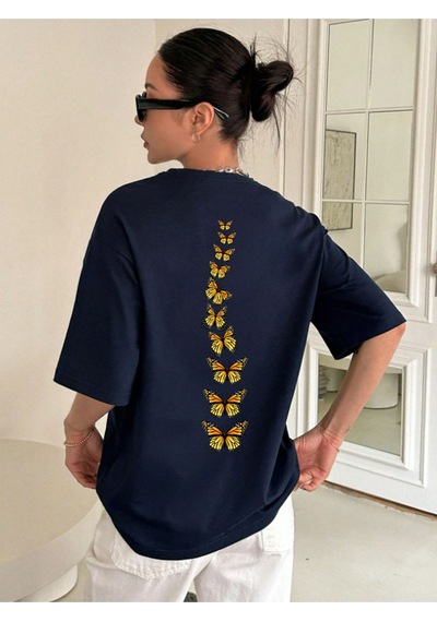 Unisex Pamuklu Sırt Kral Kelebek Baskılı Tasarım Tshirt Lacivert