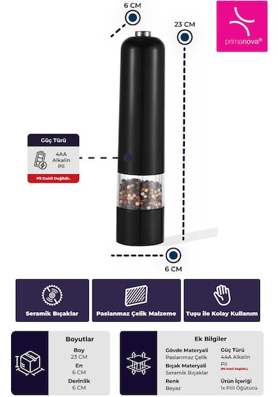 Primanova Gadget Paslanmaz Çelik Tuz  & Karabiber Öğütücü Pilli