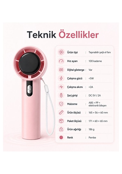 100 Kademeli Hız Ayarlı Şarjlı El Fanı Dijital Göstergeli Taşınabilir Mini Vantilatör Pembe