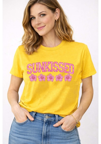 Herkesemoda Sunkissed Baskılı Çiçek Desenli Bisiklet Yaka Pamuklu Basic T-shirt Sarı