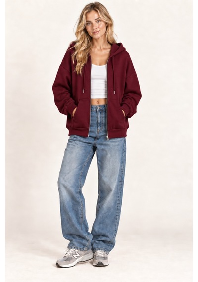 Cool Tarz Unisex Oversize Fermuarlı Kapüşonlu Sweatshirt 3 İplik Şardonlu Bordo Bordo