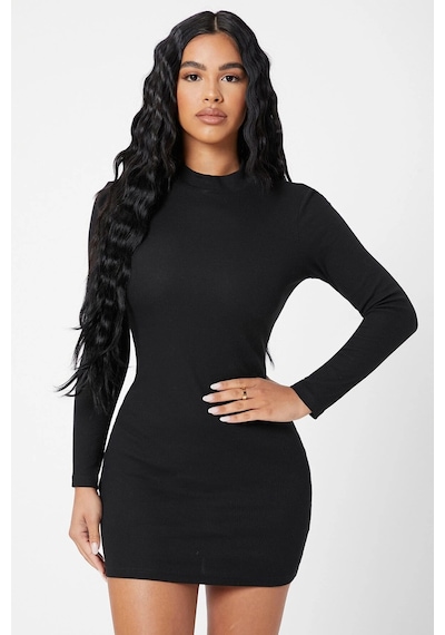 Moda Dua Kadın Siyah Kaşkorse Balıkçı Yaka Uzun Kollu Bodycon Mini Elbise