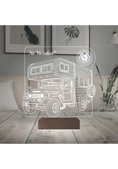 Luvivia Karavan Kamp Kamping Outdoor Tasarım Kişiye Özel Metal Saatli 3d Lamba - Masa Gece Lambası Şeffaf