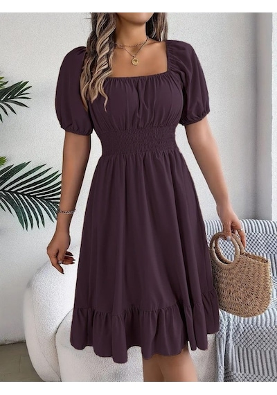 Etiler Collection Kadın Kısa Kollu Kare Yakalı Beli Lastikli Kısa Trikoton Elbise Bordo