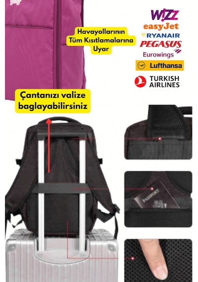 Jet Turtle Seyahat Sırt Çantası 40cm 40x25x15 Cm Pegasus, Wizz Air, Ryanair, El Valizi Koltuk Altı Valizi Koyu Pembe