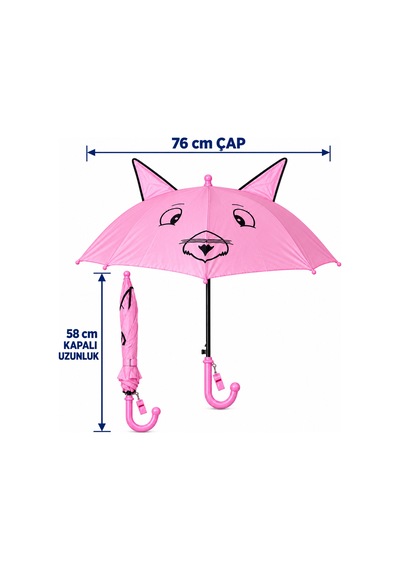 Mubx Kedi Kulaklı Çocuk Şemsiyesi 76 Cm Çap Sevimli Figürlü Düdüklü Yağmur Şemsiyesi Açık Pembe