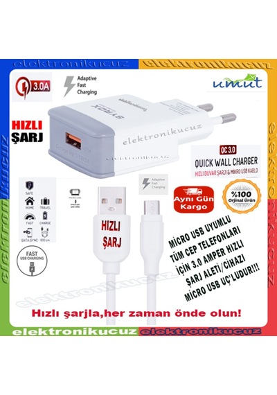 Syrox Q30 Micro Usb Girişli 3.0 Amper Hızlı Şarj Aleti+Kablo Seti (418197593)
