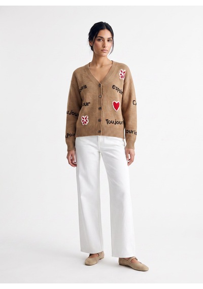 Fabrika Açık Kahve Kadın V Yaka Loose Fit Baskılı Hırka F6wl-hrk0099 Camel