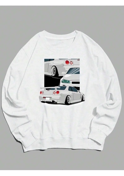 Adrift Car Print Drop Shoulder Sweatshirt Beyaz Beyaz