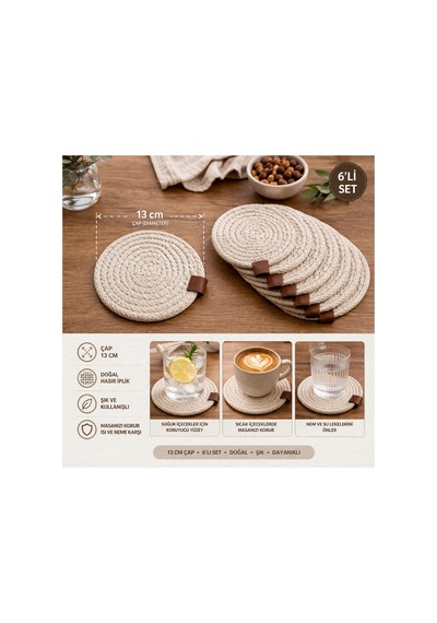 Natural Luxe Hasır Bardak Altlığı 6 Lı Set Diğer