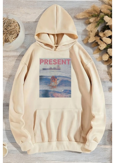 Present Baskılı Oversize Sweatshirt Bej