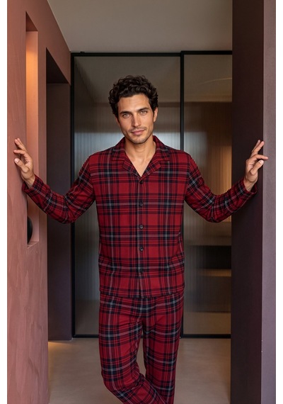 Nisanca Exclusive Erkek Süet Ekose Gömlek Yaka Pijama Takımı - Retro Erkek Pijama Bordo