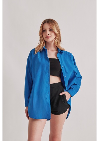 Rabia Çelik Kadın Koyu Mavi Oversize Uzun Basic Gömlek Koyu Mavi Koyu Mavi