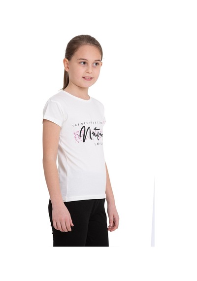Beyaz Nature Baskılı Bisiklet Yaka 5-12 Yaş Tişört 2037-2 Beyaz