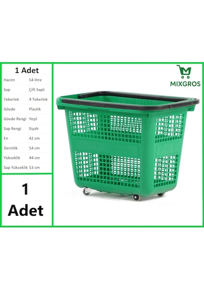 Tekerlekli Plastik Market Alışveriş El Sepeti 54 Litre Yeşil 1 Adet