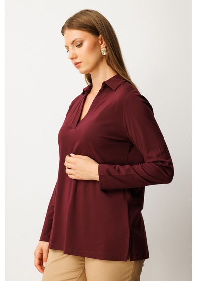 On Kadın Büyük Beden Polo Yaka Basic Bluz 61332 Bordo Bordo