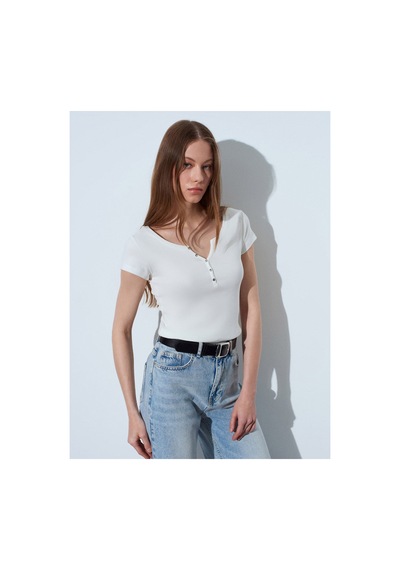 Dilvin 32688 %100 Pamuk Basic T-shirt-ekru-16526