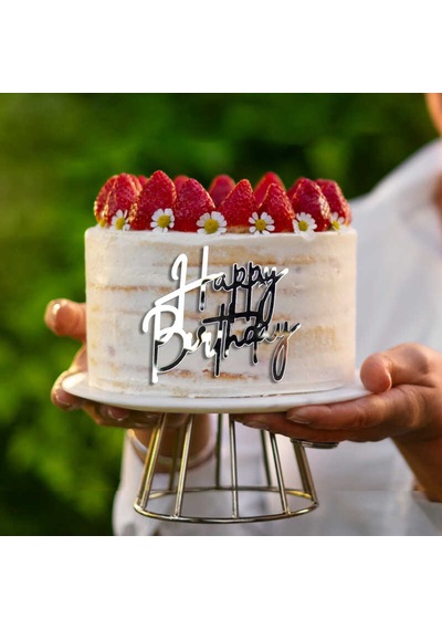 Pasta Önü Plexi Happy Birthday Yazı Gümüş 10x7 Cm