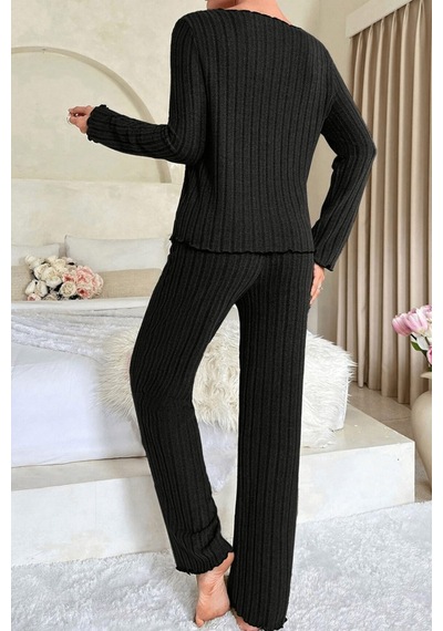 İkikareshop Kadın Siyah Uzun Kollu Fiyonklu Yuvarlak Yaka Mevsimlik Pijama Takımı Çok Renkli